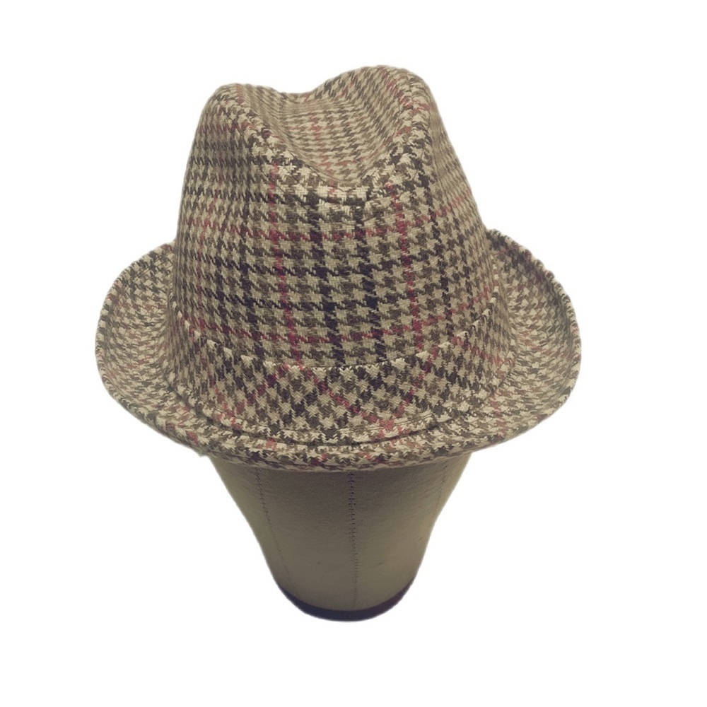 Vintage brown and red gingham stripe structure Tweed casual unisex fedora hat OS